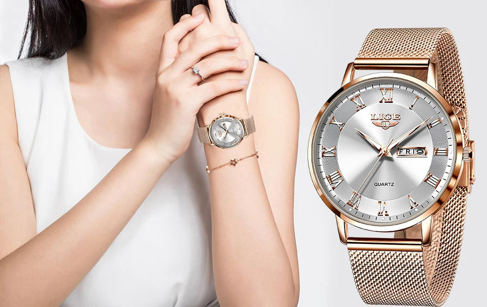 LIGE Women Watch Bracelet Quartz Clock Movement Simple Waterproof Rose Gold Stainless Steel Mesh Ladies Watches Relogio Feminino