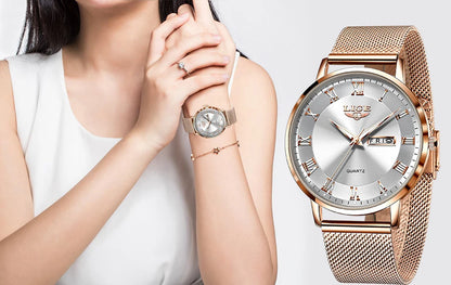 LIGE Women Watch Bracelet Quartz Clock Movement Simple Waterproof Rose Gold Stainless Steel Mesh Ladies Watches Relogio Feminino
