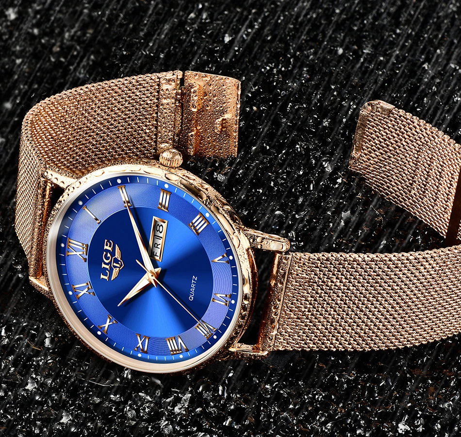 LIGE Women Watch Bracelet Quartz Clock Movement Simple Waterproof Rose Gold Stainless Steel Mesh Ladies Watches Relogio Feminino