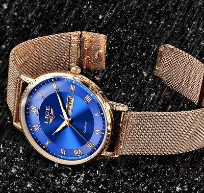 LIGE Women Watch Bracelet Quartz Clock Movement Simple Waterproof Rose Gold Stainless Steel Mesh Ladies Watches Relogio Feminino