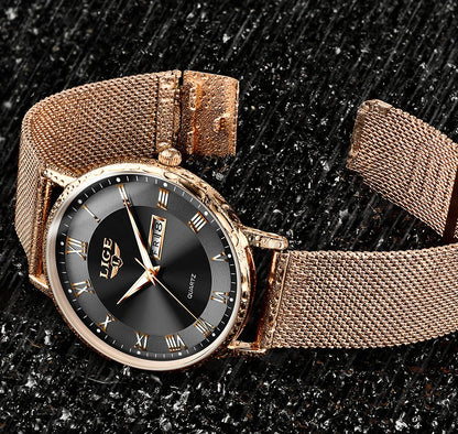 LIGE Women Watch Bracelet Quartz Clock Movement Simple Waterproof Rose Gold Stainless Steel Mesh Ladies Watches Relogio Feminino