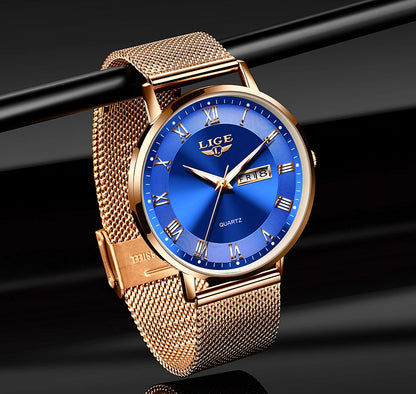 LIGE Women Watch Bracelet Quartz Clock Movement Simple Waterproof Rose Gold Stainless Steel Mesh Ladies Watches Relogio Feminino