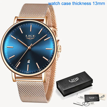 LIGE Women Watch Bracelet Quartz Clock Movement Simple Waterproof Rose Gold Stainless Steel Mesh Ladies Watches Relogio Feminino