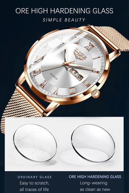 LIGE Women Watch Bracelet Quartz Clock Movement Simple Waterproof Rose Gold Stainless Steel Mesh Ladies Watches Relogio Feminino