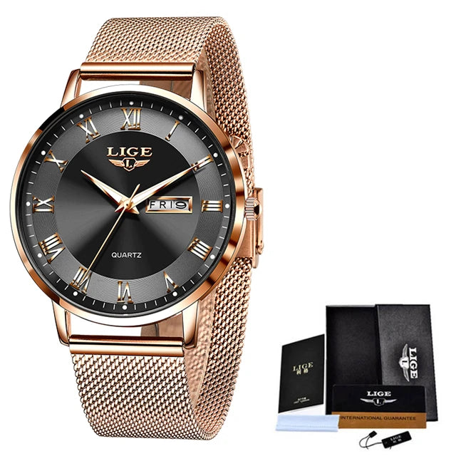 LIGE Women Watch Bracelet Quartz Clock Movement Simple Waterproof Rose Gold Stainless Steel Mesh Ladies Watches Relogio Feminino