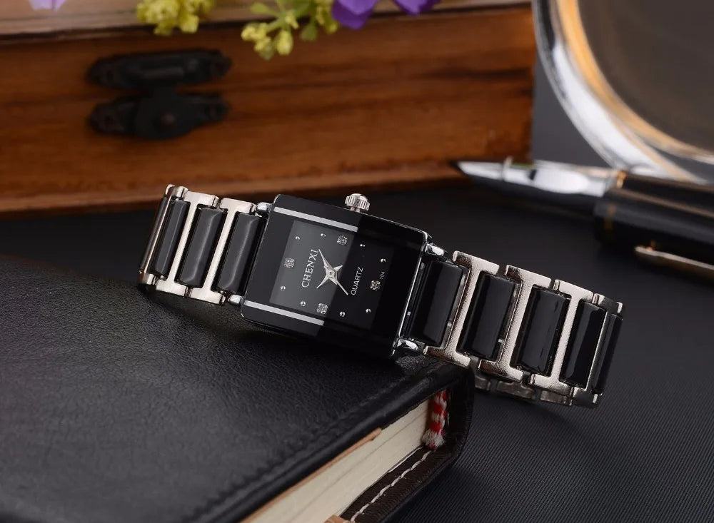 CHENXI Brand Lady Watch Elegant Black Ceramics Simple Minimalism Small Narrow Quartz Casual Women Clock Rhinestone Wristwatch