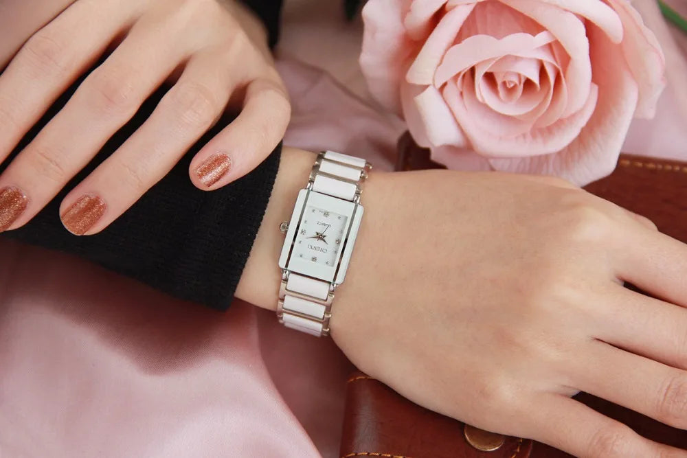 CHENXI Brand Lady Watch Elegant Black Ceramics Simple Minimalism Small Narrow Quartz Casual Women Clock Rhinestone Wristwatch