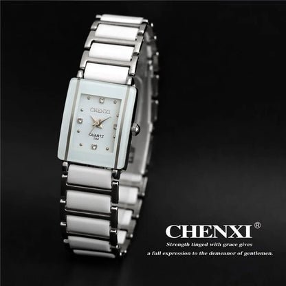 CHENXI Brand Lady Watch Elegant Black Ceramics Simple Minimalism Small Narrow Quartz Casual Women Clock Rhinestone Wristwatch