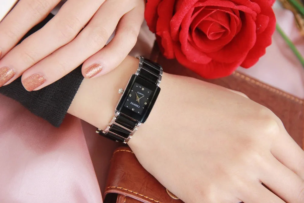 CHENXI Brand Lady Watch Elegant Black Ceramics Simple Minimalism Small Narrow Quartz Casual Women Clock Rhinestone Wristwatch