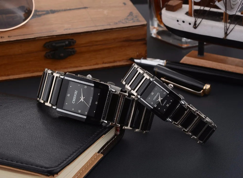 CHENXI Brand Lady Watch Elegant Black Ceramics Simple Minimalism Small Narrow Quartz Casual Women Clock Rhinestone Wristwatch