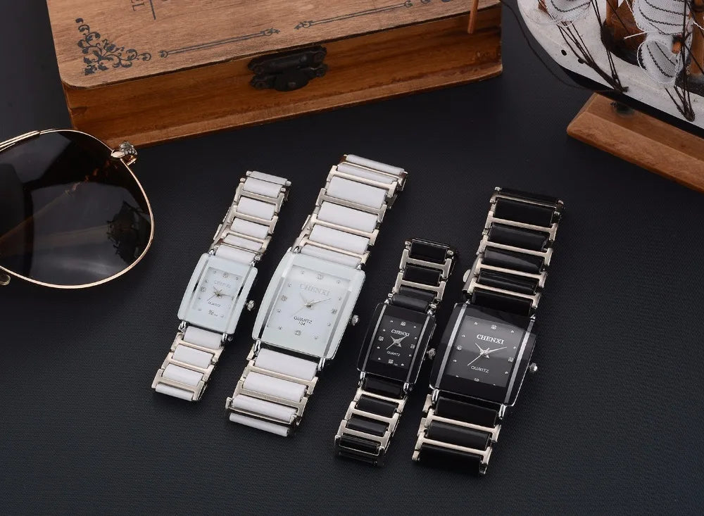 CHENXI Brand Lady Watch Elegant Black Ceramics Simple Minimalism Small Narrow Quartz Casual Women Clock Rhinestone Wristwatch