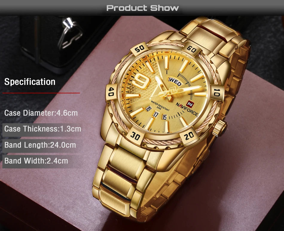 NAVIFORCE Military Golden Watch for Men Top Luxury Brand Wristwatch Waterproof Mens Stainless Steel Sport Watches Male Clock