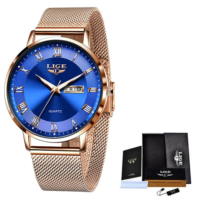 LIGE Women Watch Bracelet Quartz Clock Movement Simple Waterproof Rose Gold Stainless Steel Mesh Ladies Watches Relogio Feminino