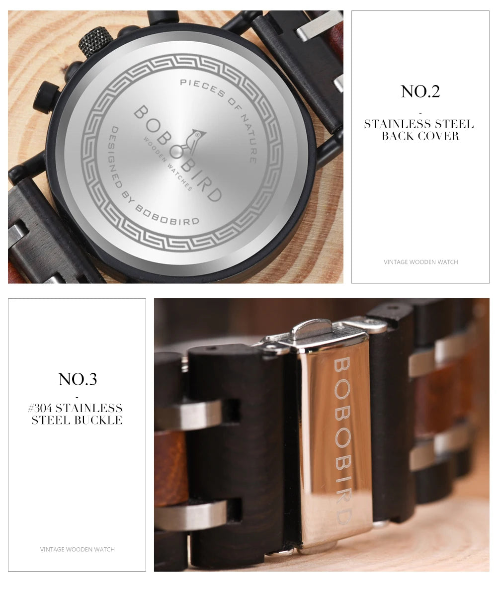 reloj hombre BOBO BIRD New Wooden Watch Men Top Brand Luxury Chronograph Military Quartz Watches for Man Dropshipping Customized