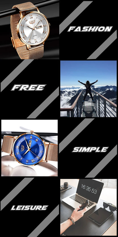 LIGE Women Watch Bracelet Quartz Clock Movement Simple Waterproof Rose Gold Stainless Steel Mesh Ladies Watches Relogio Feminino