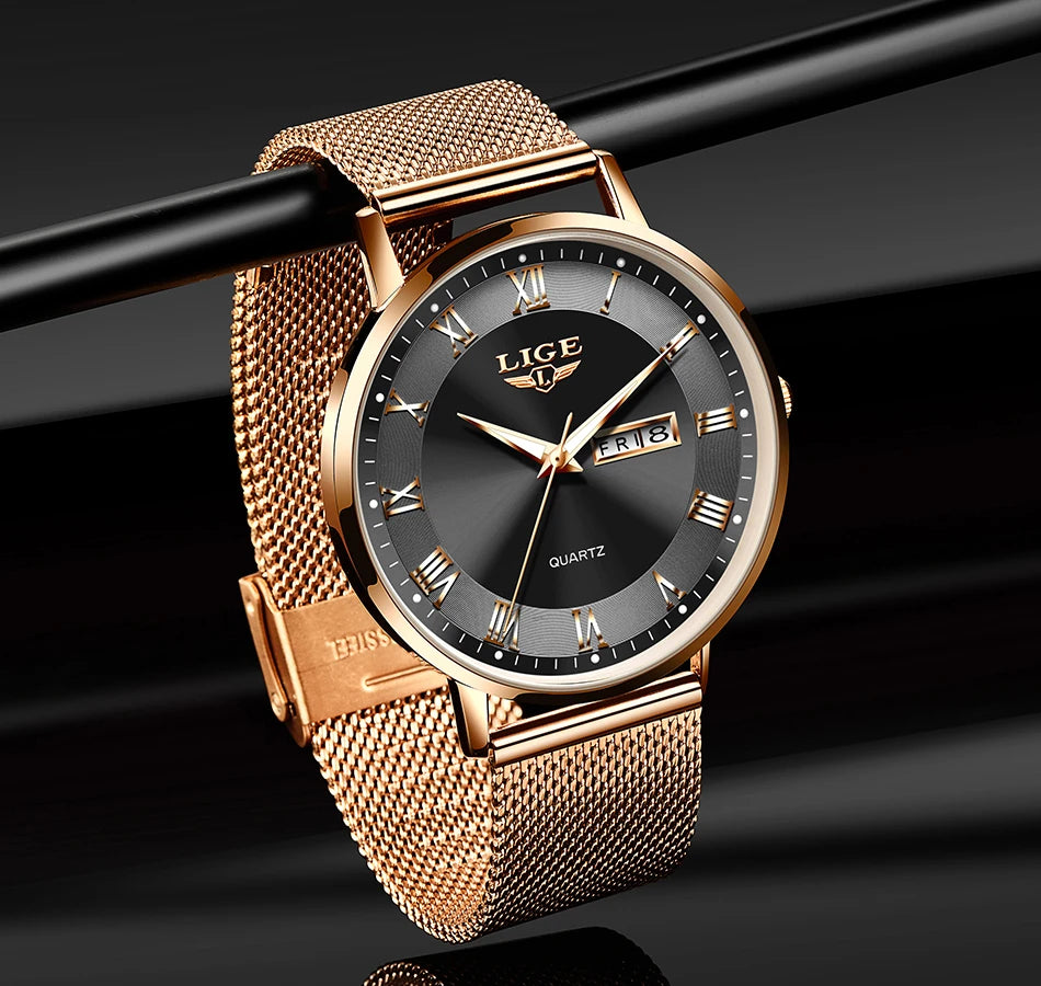 LIGE Women Watch Bracelet Quartz Clock Movement Simple Waterproof Rose Gold Stainless Steel Mesh Ladies Watches Relogio Feminino