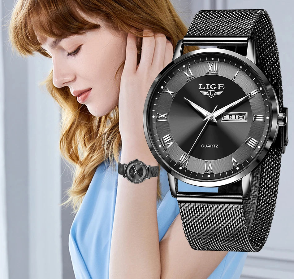 LIGE Women Watch Bracelet Quartz Clock Movement Simple Waterproof Rose Gold Stainless Steel Mesh Ladies Watches Relogio Feminino