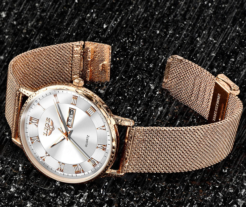 LIGE Women Watch Bracelet Quartz Clock Movement Simple Waterproof Rose Gold Stainless Steel Mesh Ladies Watches Relogio Feminino