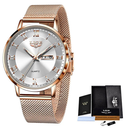 LIGE Women Watch Bracelet Quartz Clock Movement Simple Waterproof Rose Gold Stainless Steel Mesh Ladies Watches Relogio Feminino