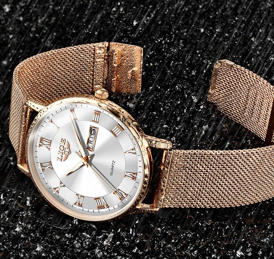 LIGE Women Watch Bracelet Quartz Clock Movement Simple Waterproof Rose Gold Stainless Steel Mesh Ladies Watches Relogio Feminino