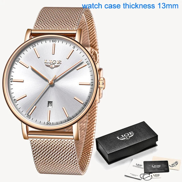 LIGE Women Watch Bracelet Quartz Clock Movement Simple Waterproof Rose Gold Stainless Steel Mesh Ladies Watches Relogio Feminino