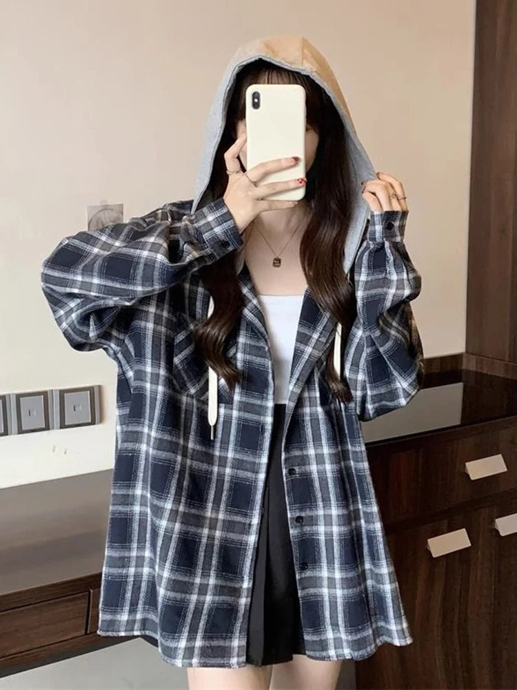 Jmprs Vintage Plaid Hooded Shirt Women Oversize Long Sleeve Y2K Blouse American Casual Harajuku Female Vintage Spring Tops New