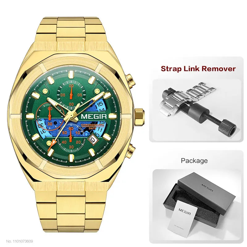 MEGIR Gray Sport Quartz Watch for Men Luxury Luminous Waterproof Metal Wristwatch with Stainless Steel Strap Date Chronograph