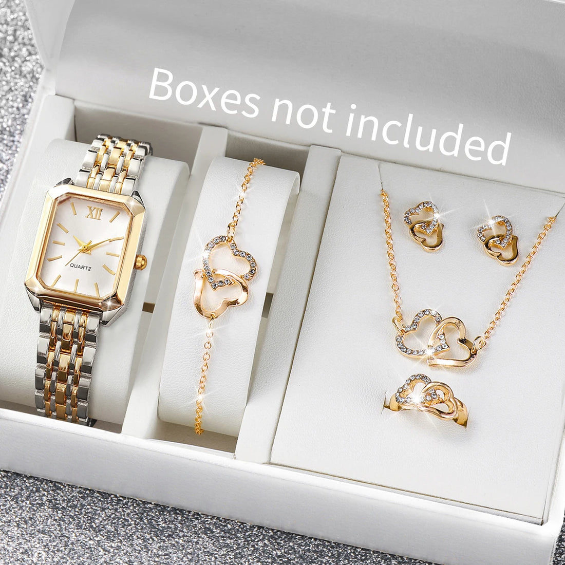 6PCS Elegant Women Rectangle Roma Dial Wristwatch Fashion Alloy Strap Quartz Watch With Diamond Heart Jewelry Set(Without Box)