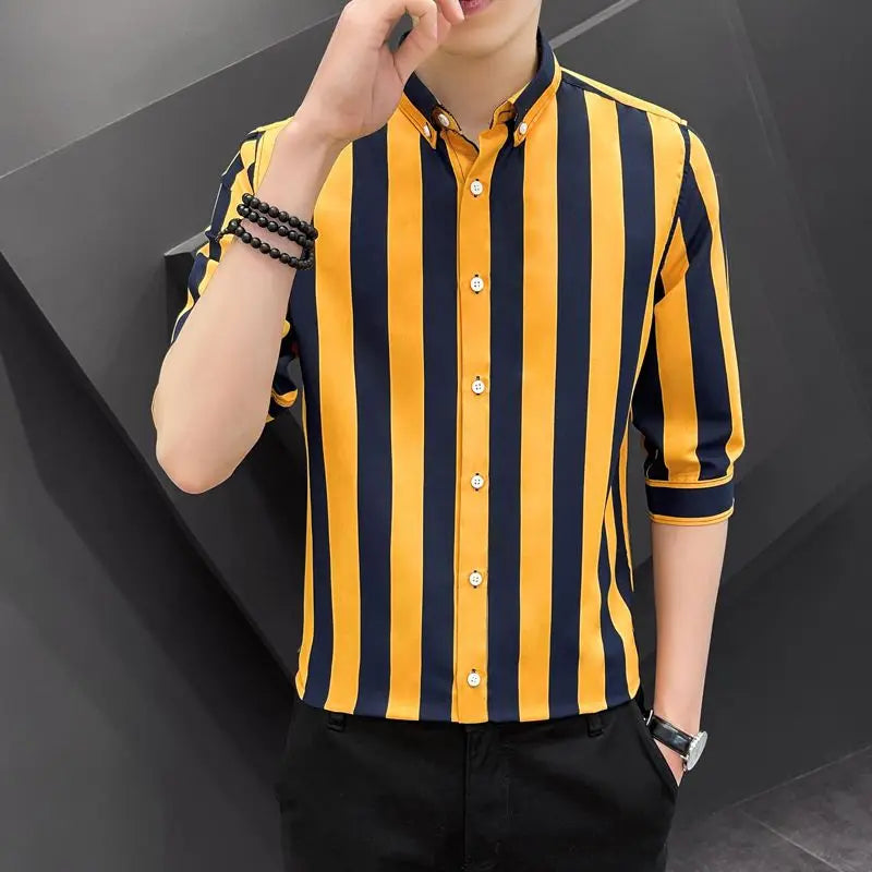Korean Fashion Trend Handsome Summer Striped Short Sleeved Shirt Men&