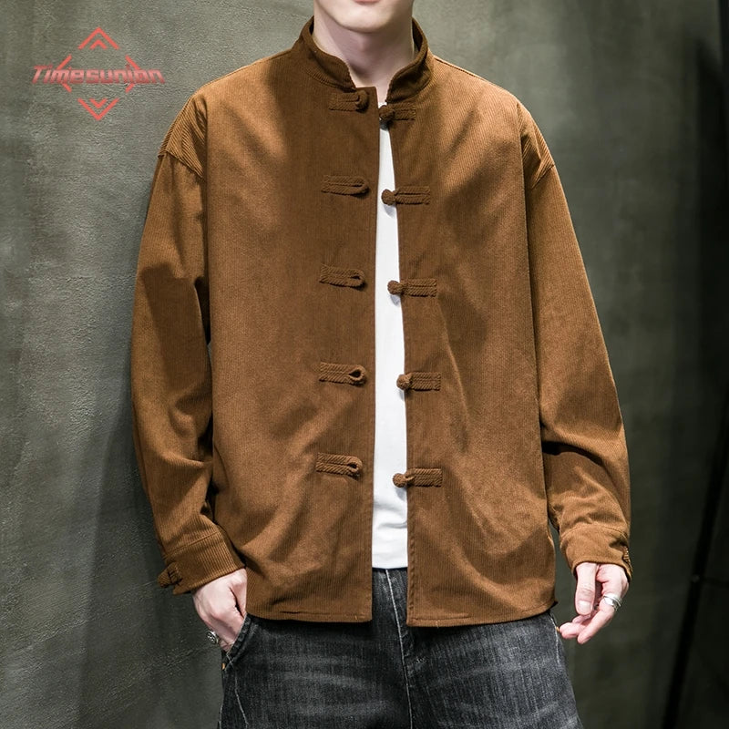 chinese style solid color Shirts for Men Corduroy Buckle Long-sleeved Shirt Autumn and Winter Tang Coat Zhongshan Coat