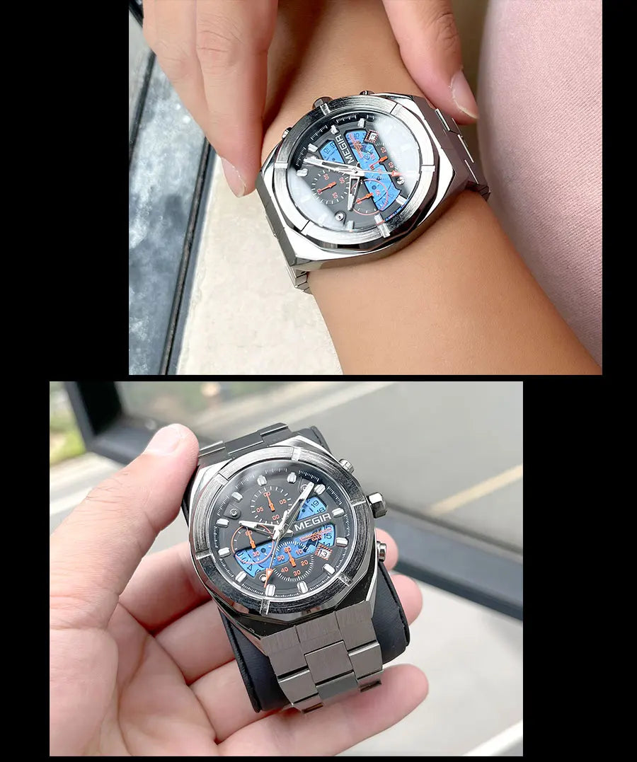 MEGIR Gray Sport Quartz Watch for Men Luxury Luminous Waterproof Metal Wristwatch with Stainless Steel Strap Date Chronograph