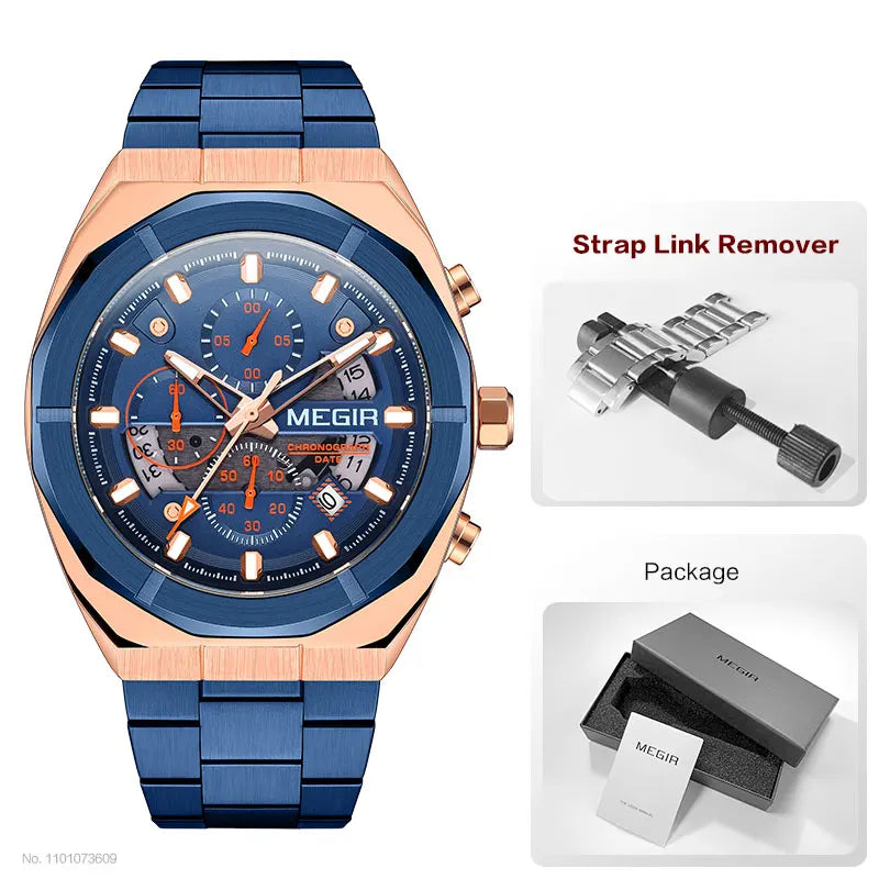 MEGIR Gray Sport Quartz Watch for Men Luxury Luminous Waterproof Metal Wristwatch with Stainless Steel Strap Date Chronograph