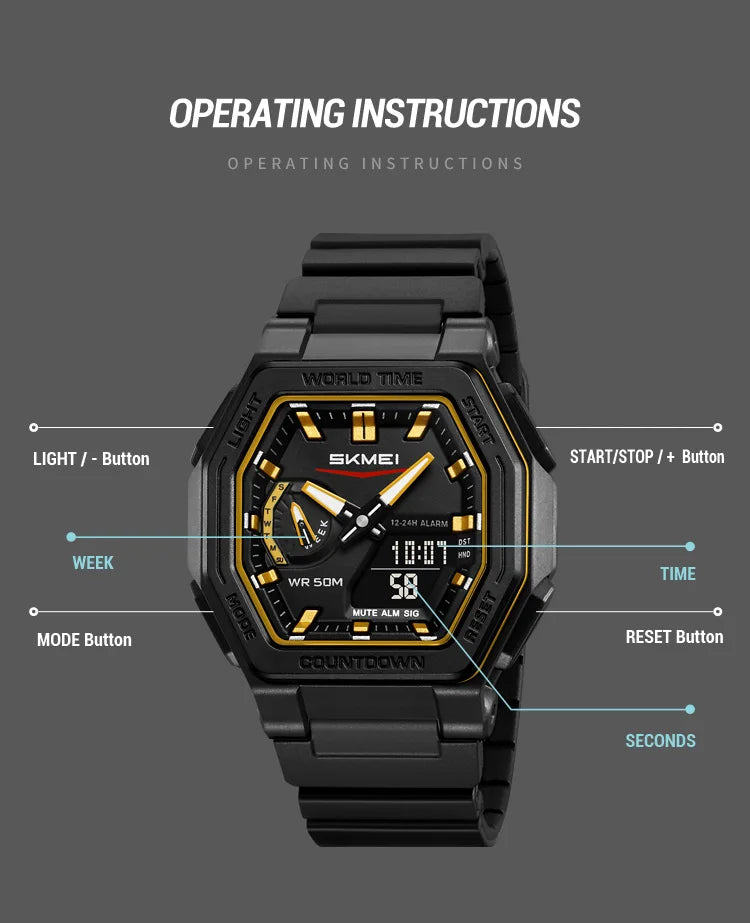 SKMEI 2438 Casual Dual Digital Display Quartz Waterproof Watches Calendar Analog Stopwatch timing Alarm LED night light Clock
