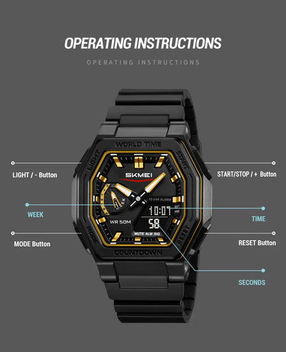 SKMEI 2438 Casual Dual Digital Display Quartz Waterproof Watches Calendar Analog Stopwatch timing Alarm LED night light Clock