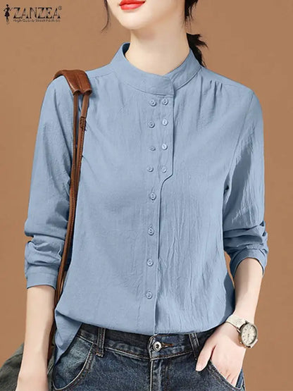 ZANZEA Chinese Style Vintage Blouse 2023 Cotton Long Sleeve Shirt Fashion Autumn Women Double Breasted Top Casual Oversize Blusa