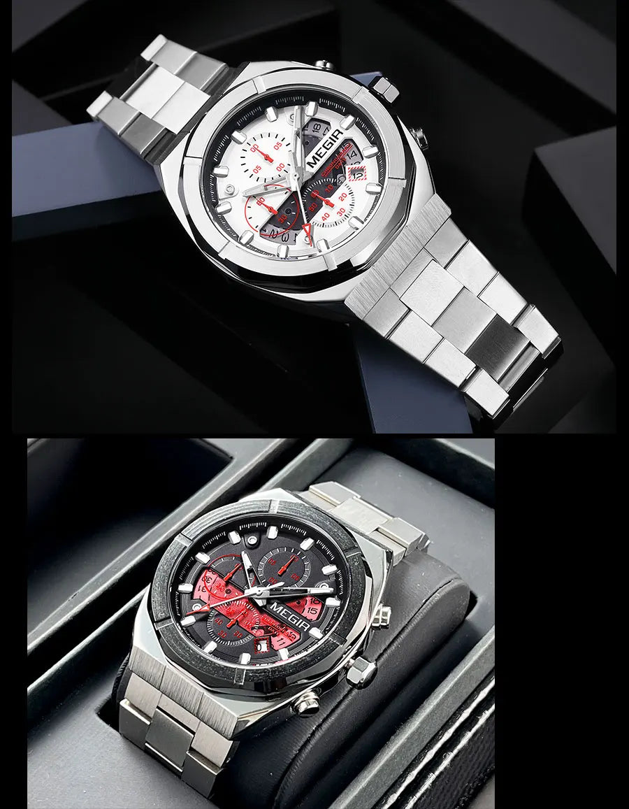 MEGIR Gray Sport Quartz Watch for Men Luxury Luminous Waterproof Metal Wristwatch with Stainless Steel Strap Date Chronograph