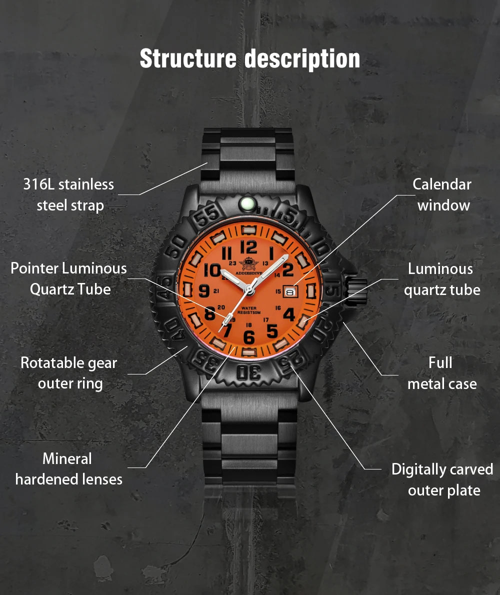 ADDIESDIVE Fashion Orange Dial Quartz Watch Waterproof Super Luminous Wristwatch Stainless Steel Strap Alloy Case Men&