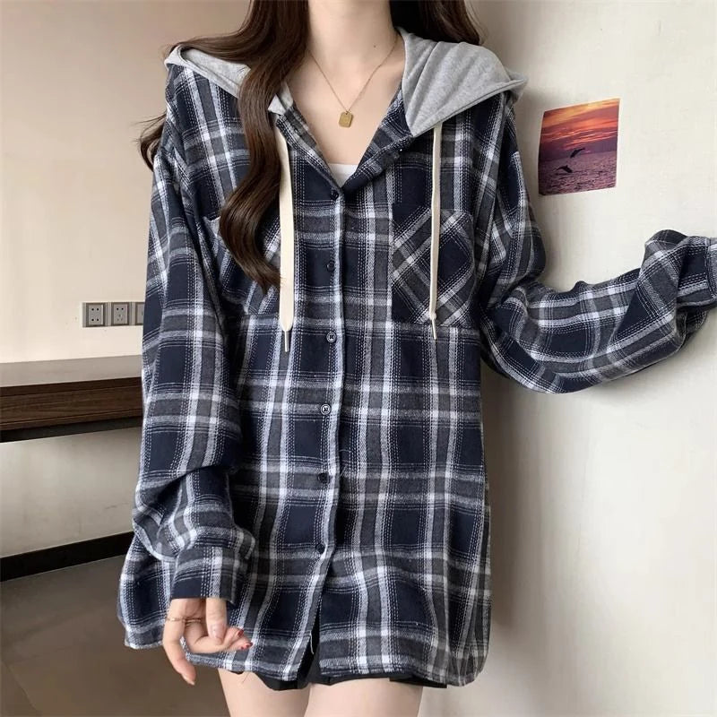 Jmprs Vintage Plaid Hooded Shirt Women Oversize Long Sleeve Y2K Blouse American Casual Harajuku Female Vintage Spring Tops New