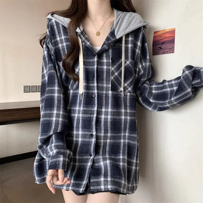Jmprs Vintage Plaid Hooded Shirt Women Oversize Long Sleeve Y2K Blouse American Casual Harajuku Female Vintage Spring Tops New