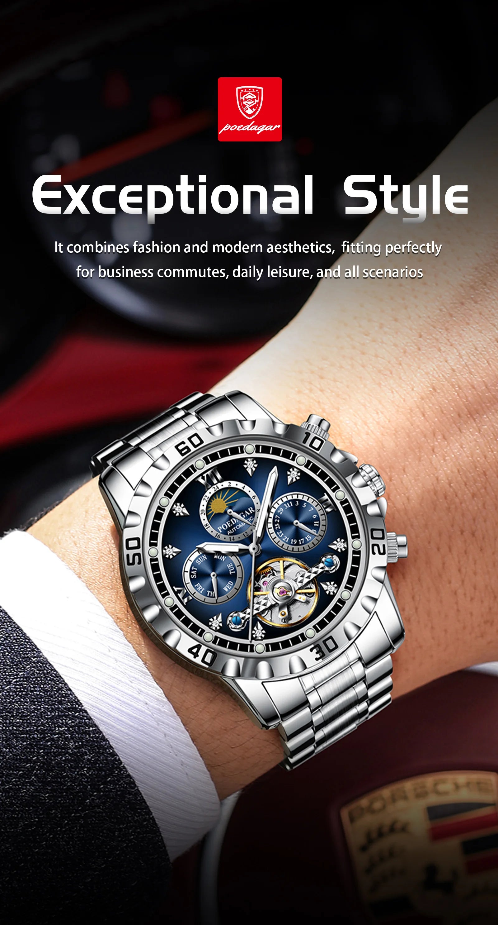 POEDAGAR Business Top Watch For Man Hollow Tourbillon Automatic Men&