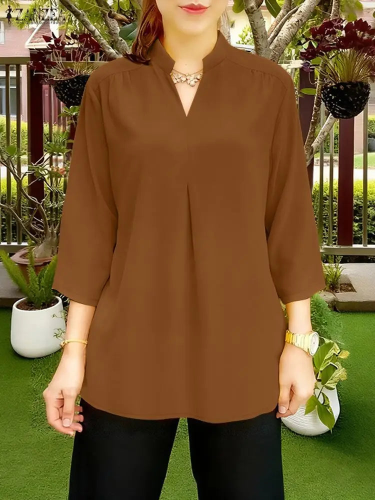 2025 ZANZEA Autumn V Neck Long Sleeve Tops Women Blouse Casual Solid Loose Shirt Elegant OL Work Shirts Oversize Female Chemise