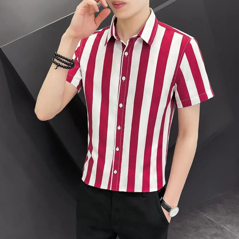 Korean Fashion Trend Handsome Summer Striped Short Sleeved Shirt Men&