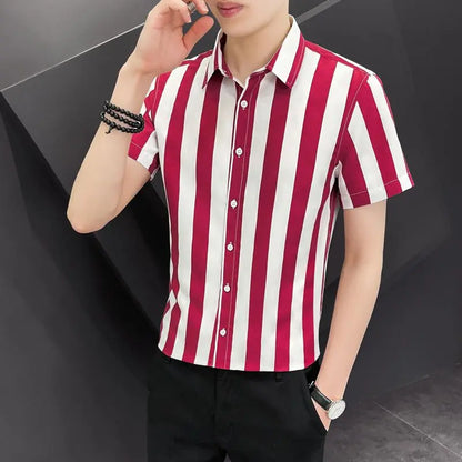 Korean Fashion Trend Handsome Summer Striped Short Sleeved Shirt Men&
