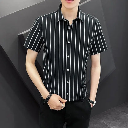 Korean Fashion Trend Handsome Summer Striped Short Sleeved Shirt Men&
