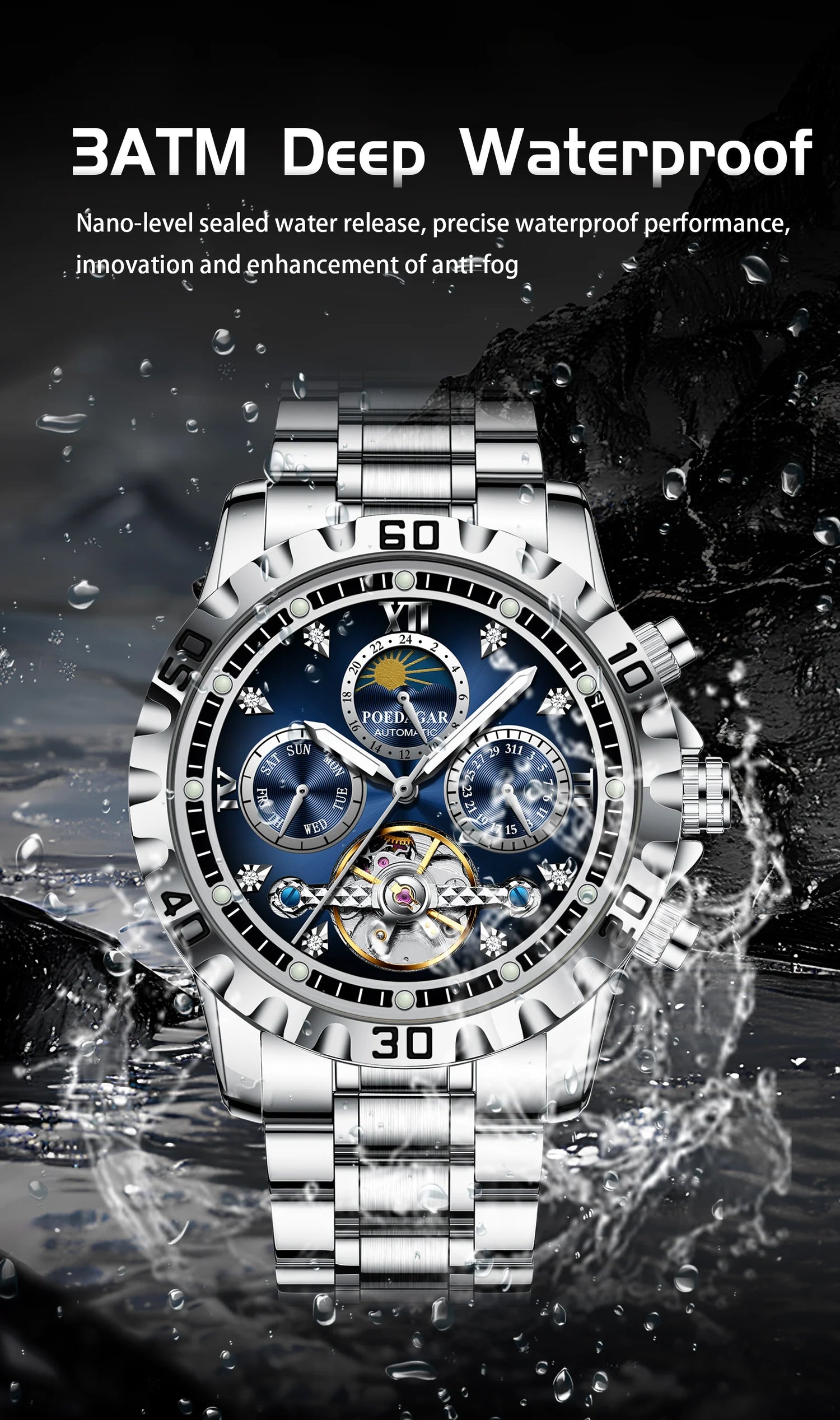 POEDAGAR Business Top Watch For Man Hollow Tourbillon Automatic Men&