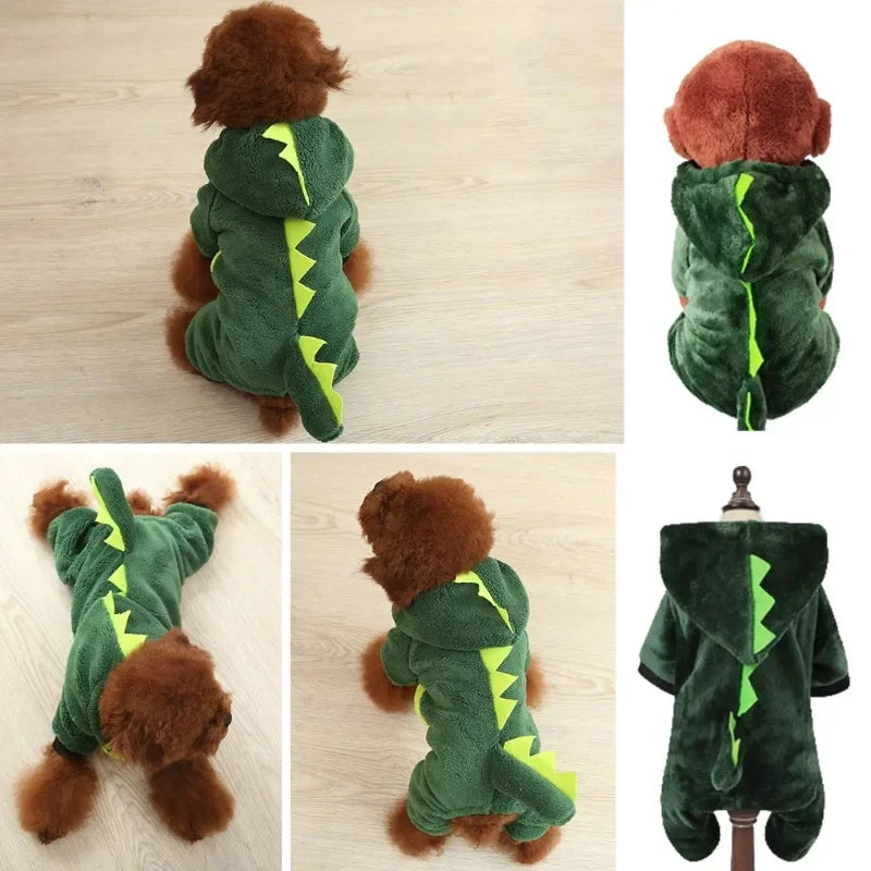 Dog Clothing Autumn Winter Thickened Coral Velvet Thermal Insulation Teddy Puppy Clothes Warm Garment Dinosaur Cream Dress Up