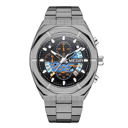 MEGIR Gray Sport Quartz Watch for Men Luxury Luminous Waterproof Metal Wristwatch with Stainless Steel Strap Date Chronograph