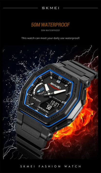 SKMEI 2438 Casual Dual Digital Display Quartz Waterproof Watches Calendar Analog Stopwatch timing Alarm LED night light Clock