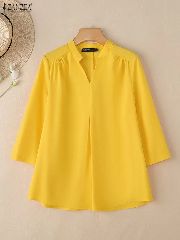 2025 ZANZEA Autumn V Neck Long Sleeve Tops Women Blouse Casual Solid Loose Shirt Elegant OL Work Shirts Oversize Female Chemise