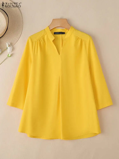 2025 ZANZEA Autumn V Neck Long Sleeve Tops Women Blouse Casual Solid Loose Shirt Elegant OL Work Shirts Oversize Female Chemise